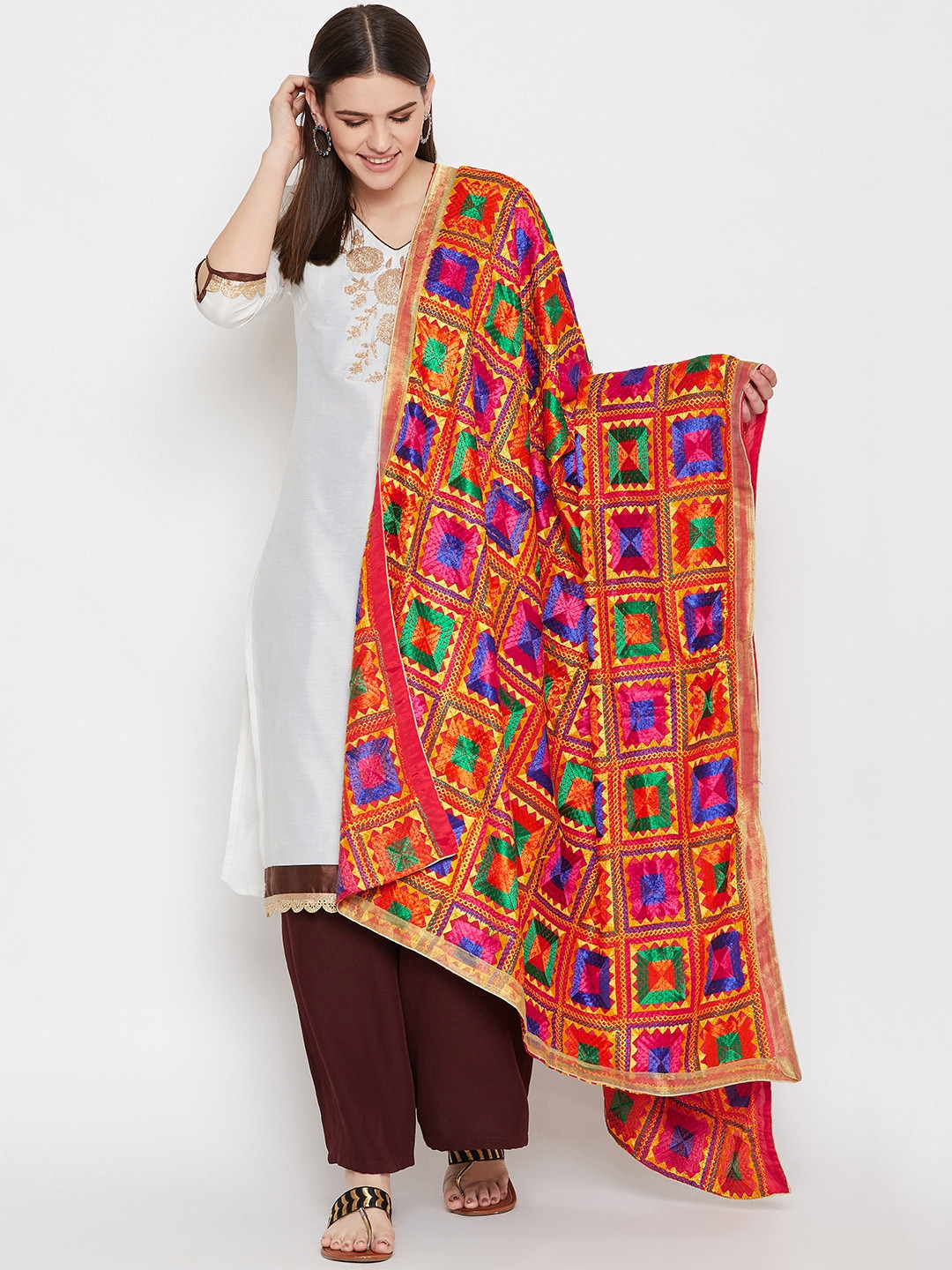 WEAVERS VILLA Red & Blue Phulkari Embroidered Dupatta