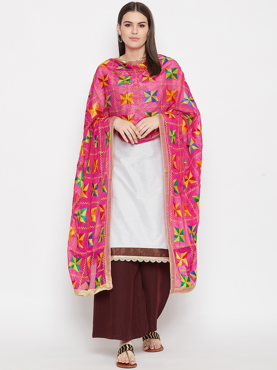 WEAVERS VILLA Magenta & Yellow Phulkari Embroidered Dupatta