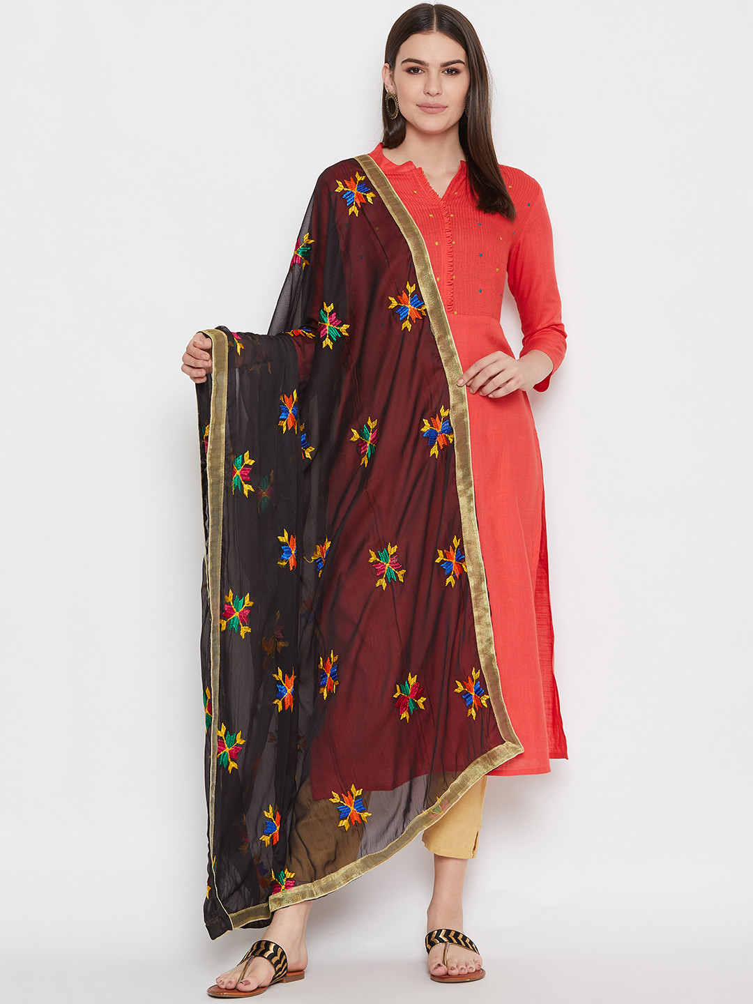 WEAVERS VILLA Black & Yellow Phulkari Embroidered Dupatta