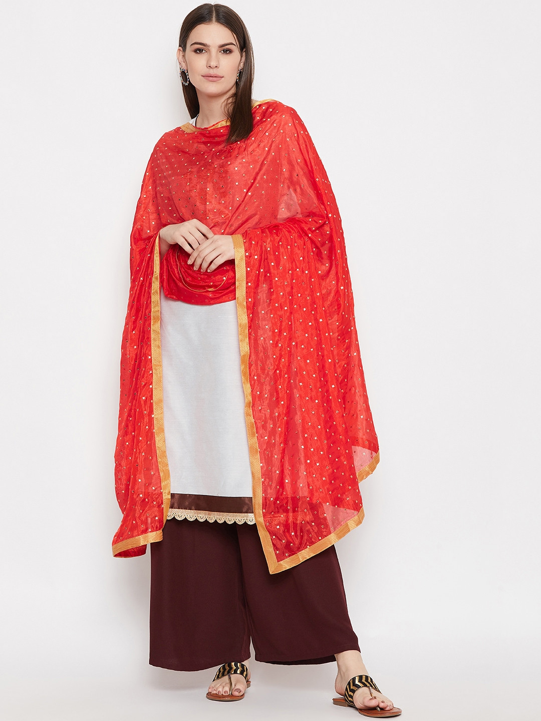 WEAVERS VILLA Red & Golden Printed Dupatta