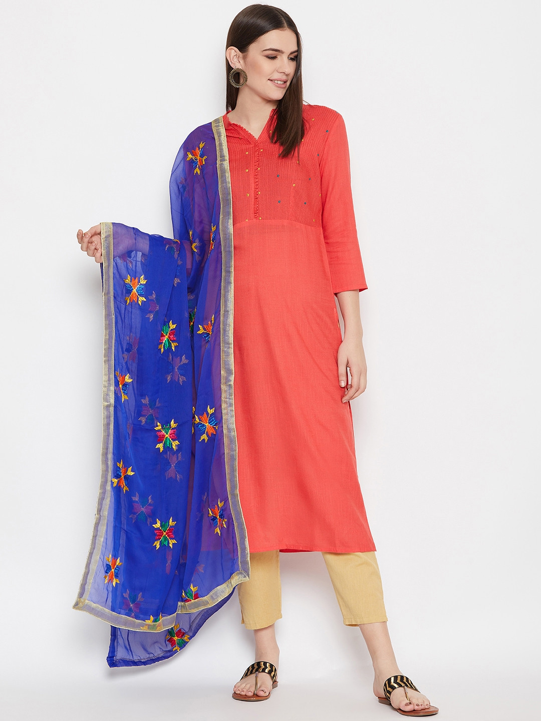 WEAVERS VILLA Blue & Yellow Phulkari Embroidered Dupatta