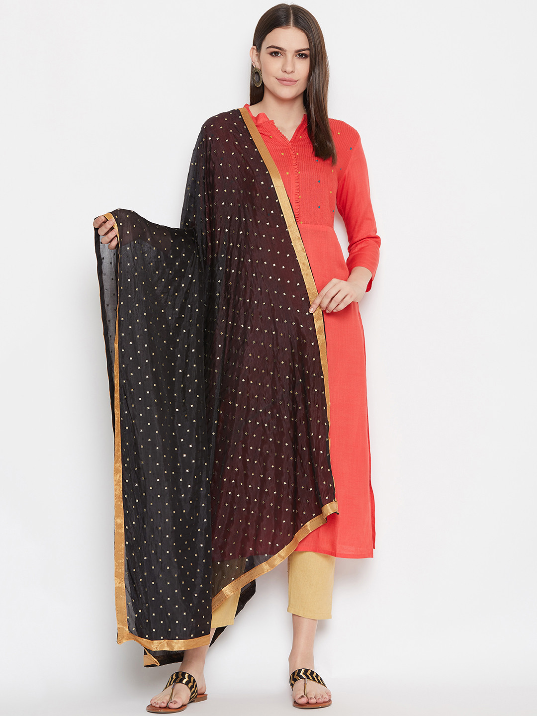 WEAVERS VILLA Black & Golden Printed Dupatta