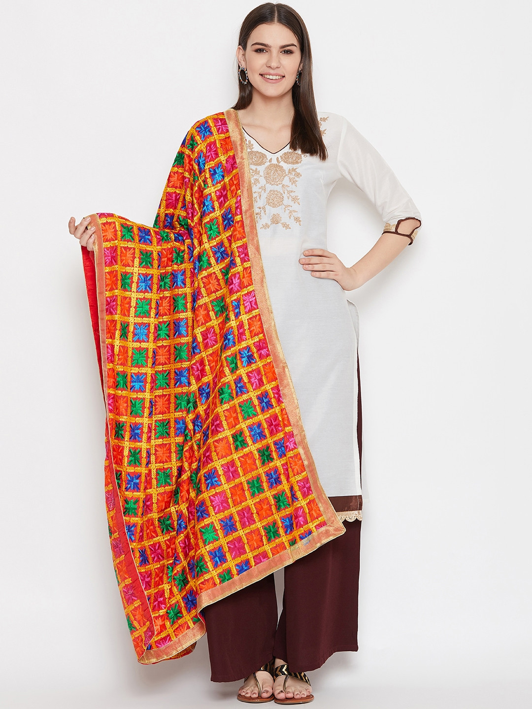 WEAVERS VILLA Red & Yellow Phulkari Embroidered Dupatta