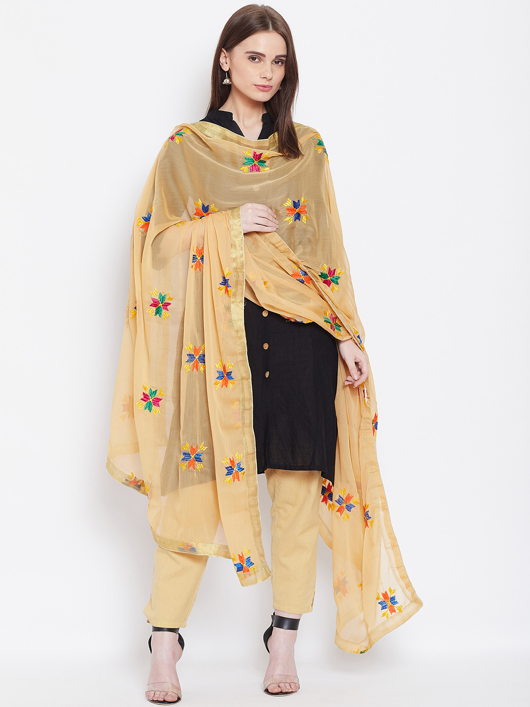 WEAVERS VILLA Beige & Orange Phulkari Embroidered Dupatta