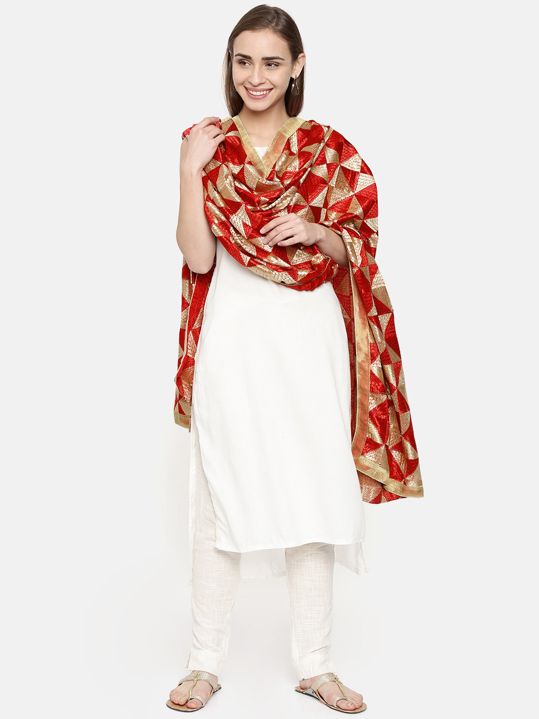 WEAVERS VILLA Red Embroidered Dupatta