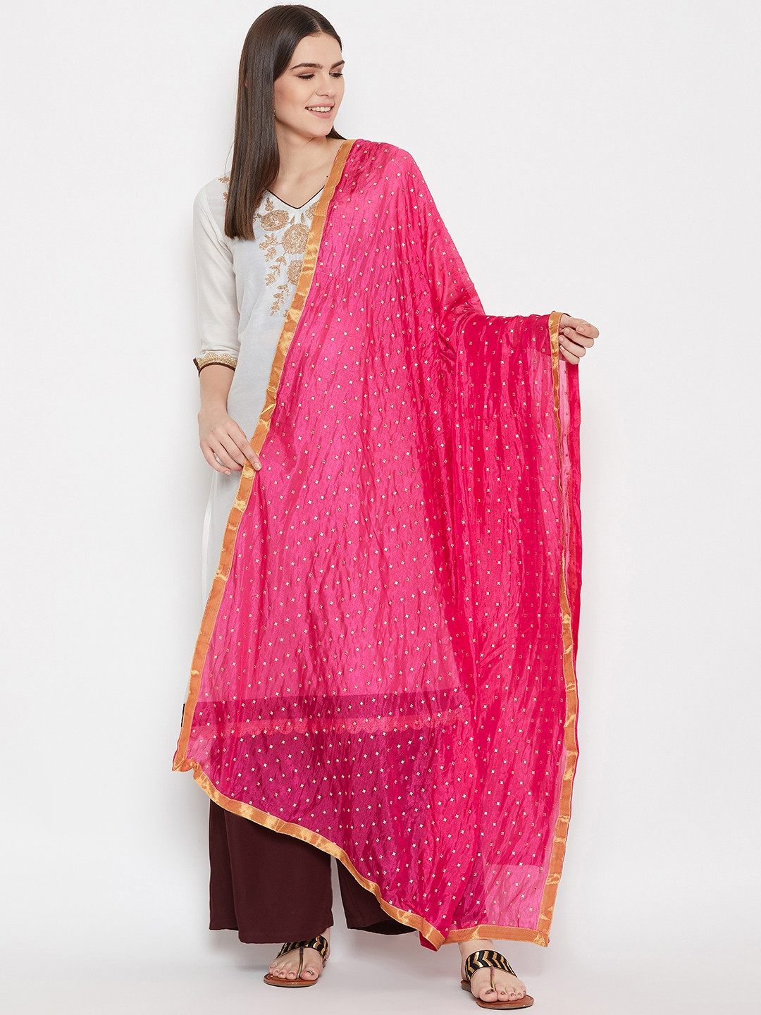 WEAVERS VILLA Pink & Golden Printed Dupatta