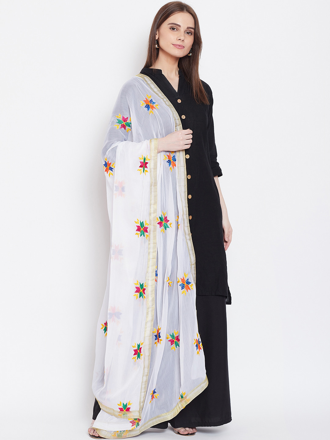 WEAVERS VILLA White & Red Phulkari Embroidered Dupatta