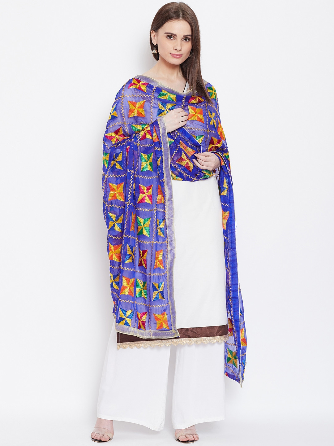 WEAVERS VILLA Blue & Yellow Phulkari Embroidered Dupatta