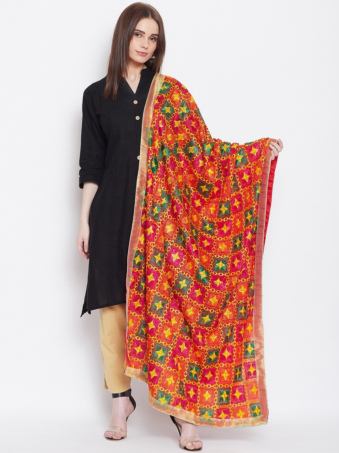 WEAVERS VILLA Orange & Yellow Phulkari Embroidered Dupatta