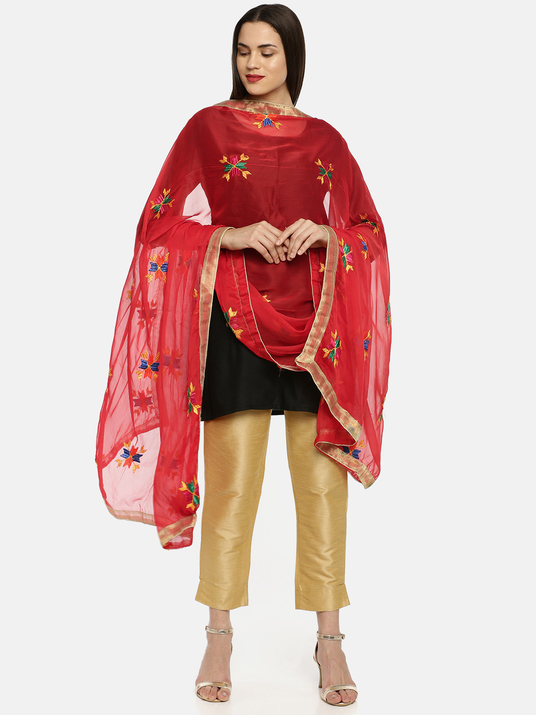 WEAVERS VILLA Red Embroidered Dupatta