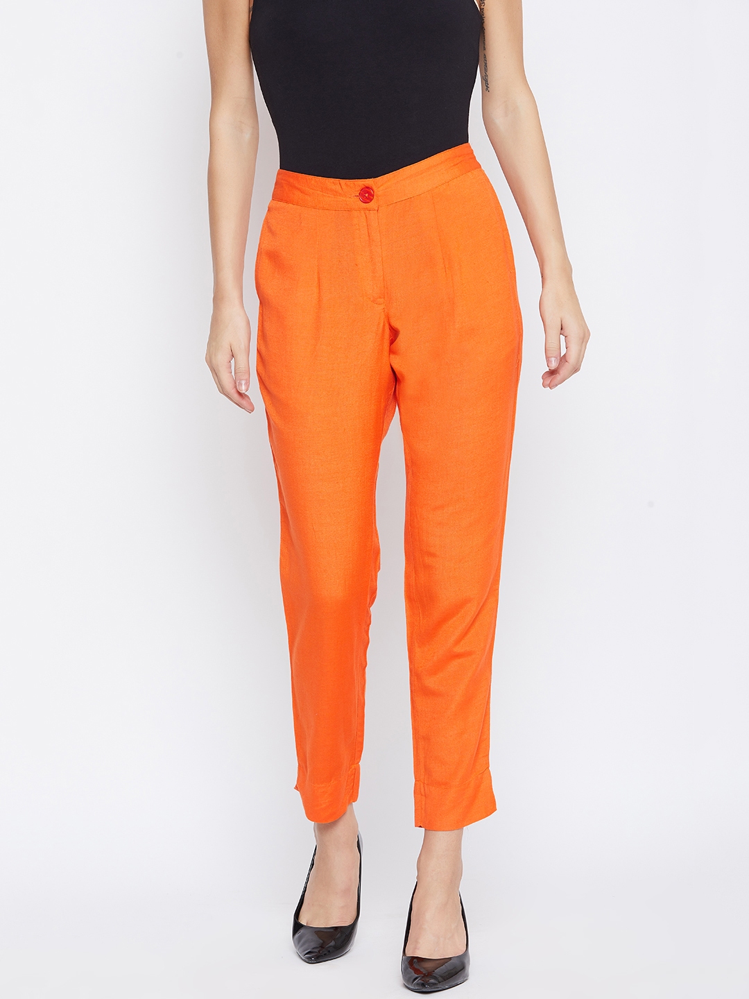 fabGLOBAL Women Orange Relaxed Slim Fit Solid Regular Cropped Trousers