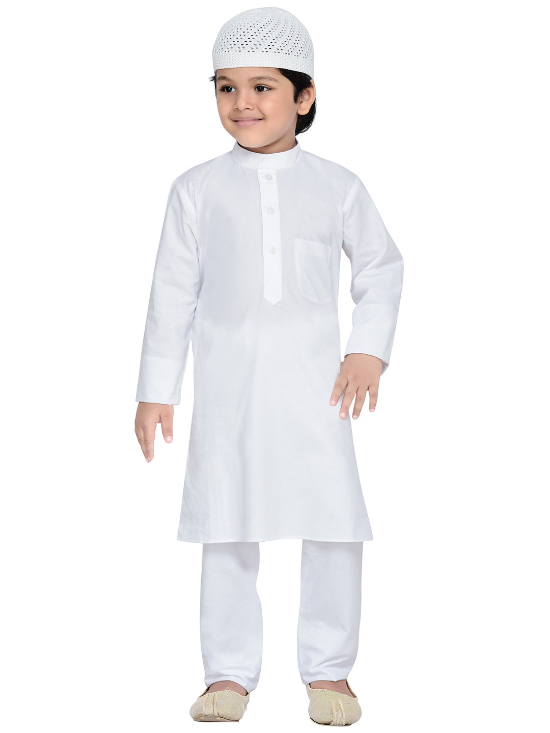 Aj DEZInES Boys White Solid Kurta with Pyjamas & Hat
