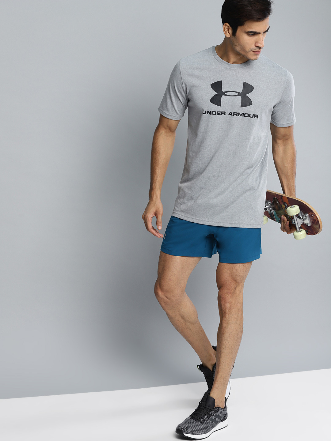 UNDER ARMOUR Men Grey Melange Sport Style Logo Printed Regular Fit T-Shirt
