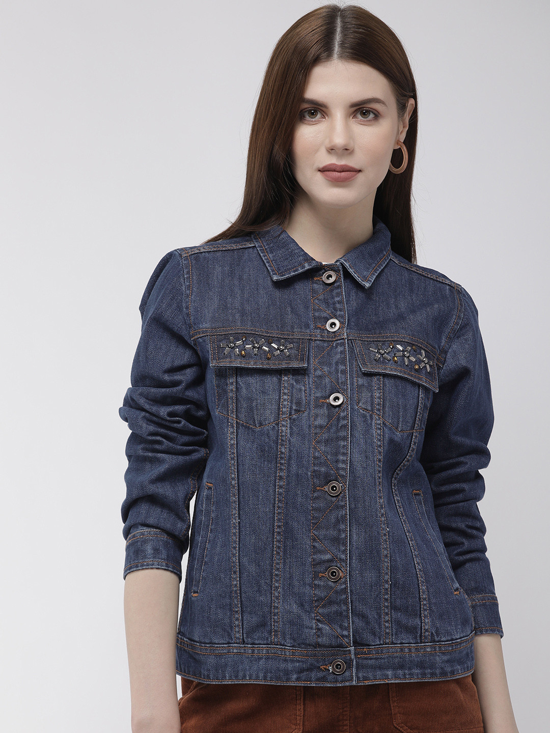 Antheaa Women Blue Solid Embellished Denim Jacket