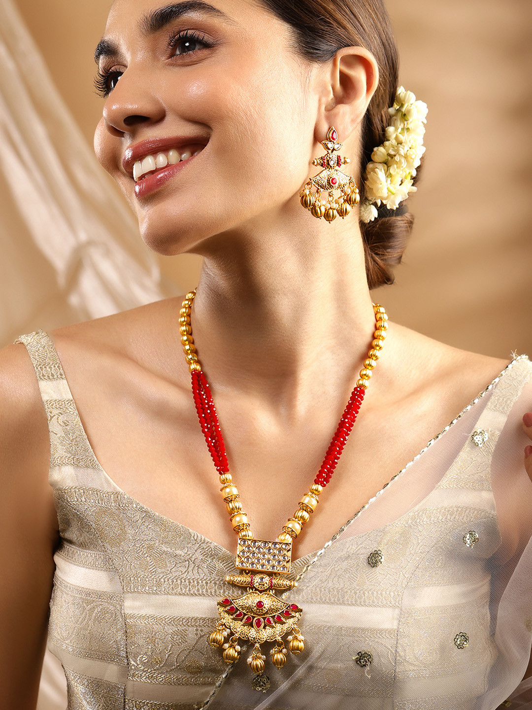 Rubans 22K Gold-Plated Kundan Jewellery Set with Ruby Red Beaded Multistrand & Golden Bead