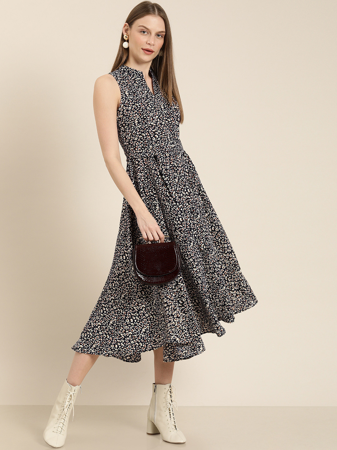 her by invictus Women Navy Blue & Cream-Coloured Printed Fit and Flare Dress