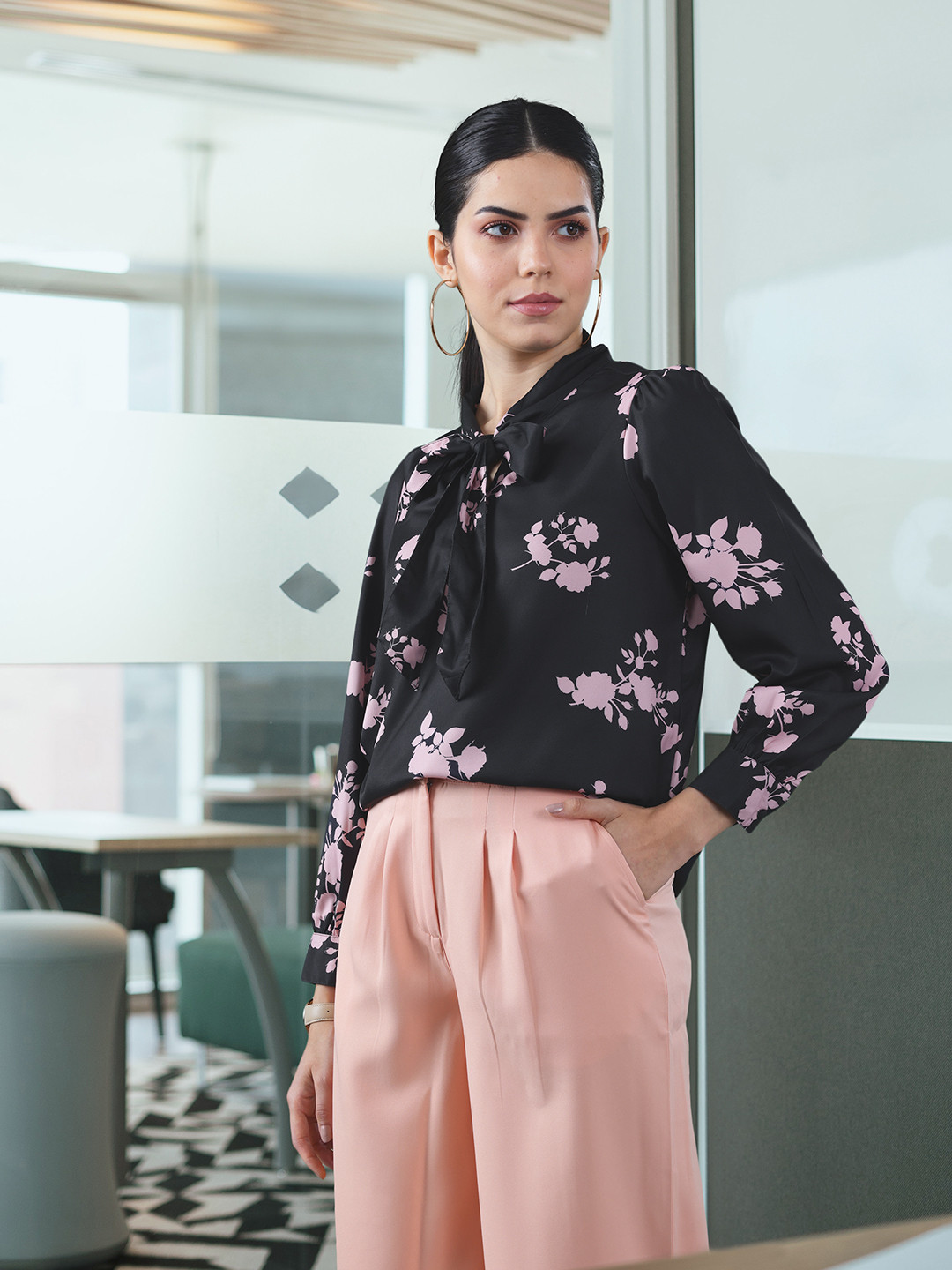 her by invictus Navy Blue Floral Cuffed Sleeves Top With Tie-Up Neck