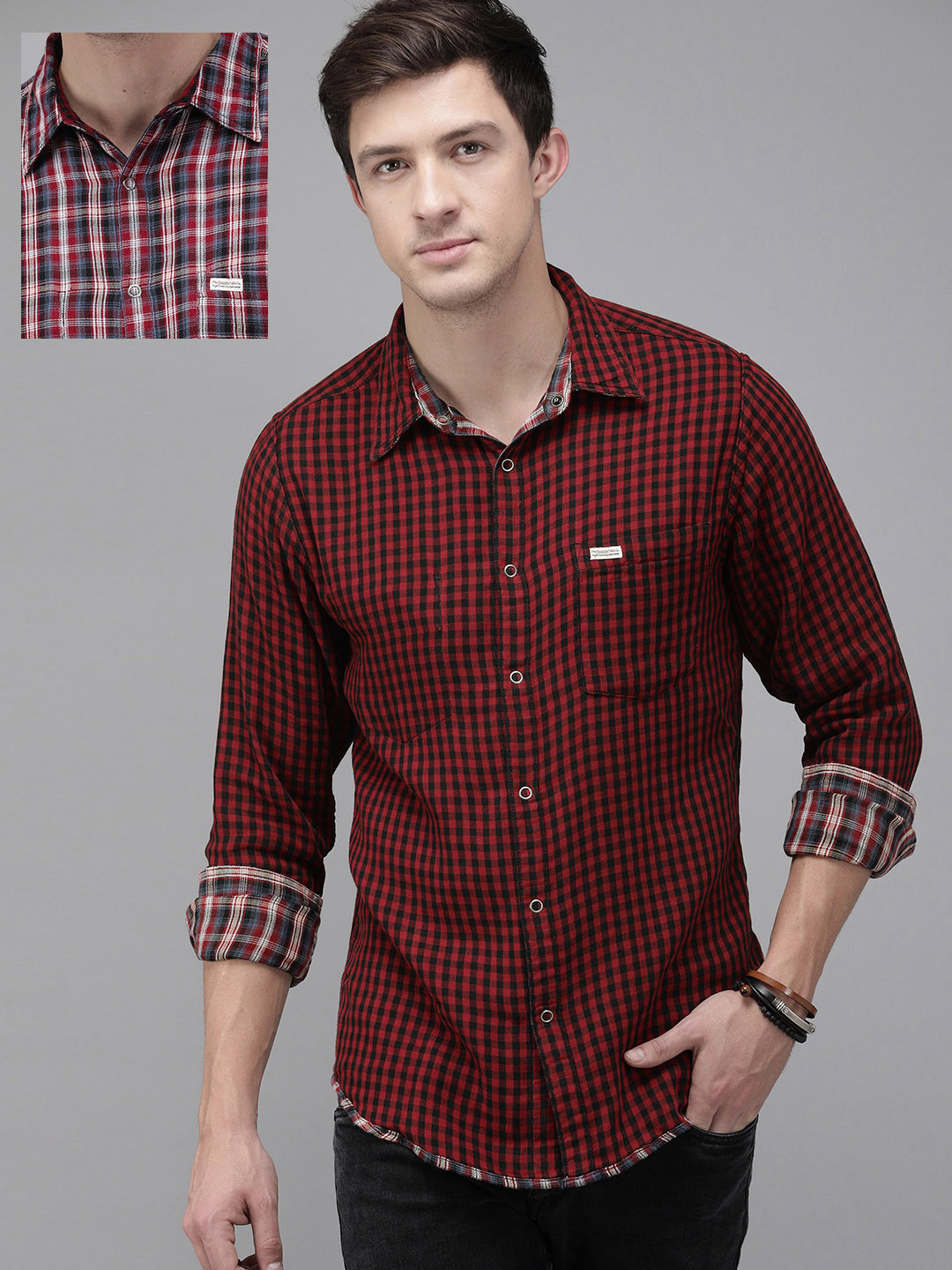 Roadster Men Maroon Regular Fit Checked Casual Reversible Shirt