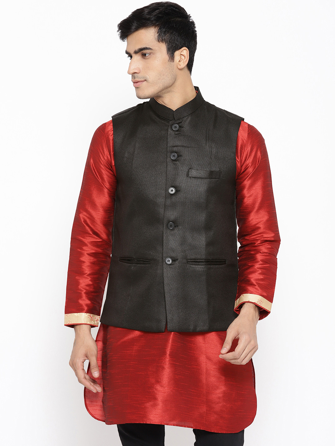 Vastraa Fusion Men Black Textured Nehru Jacket