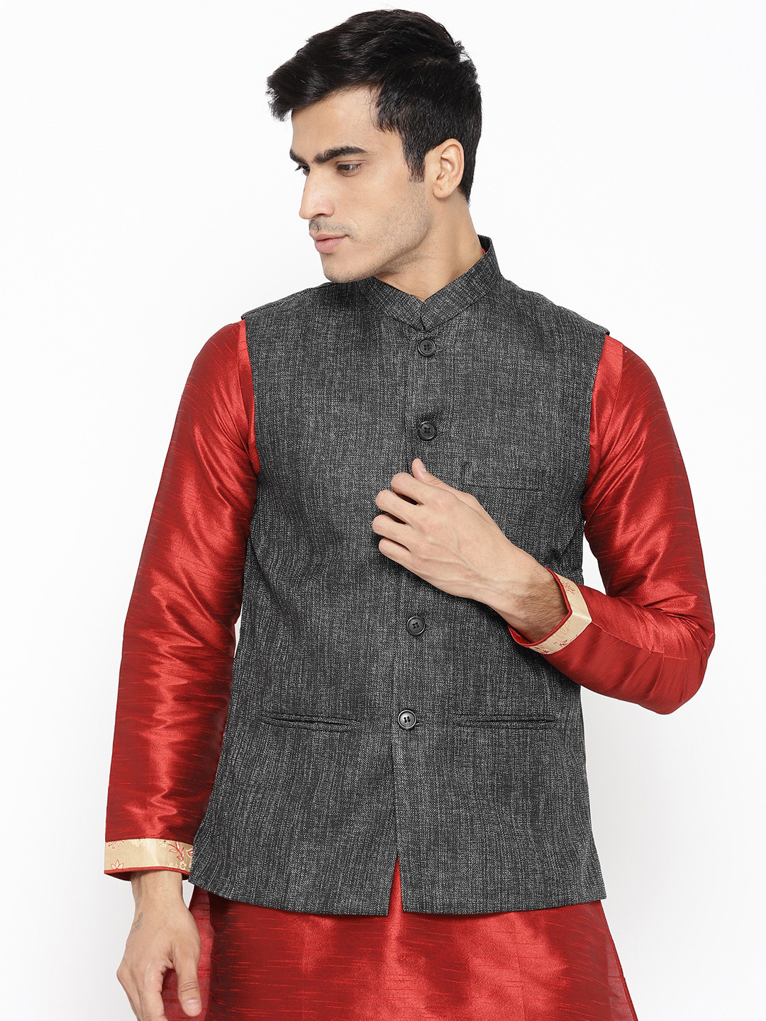 Vastraa Fusion Men Charcoal Grey Woven Design Nehru Jacket