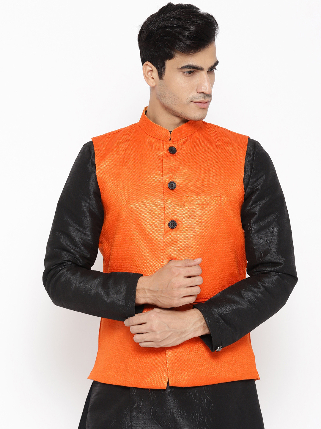 Vastraa Fusion Men Orange Textured Nehru Jacket