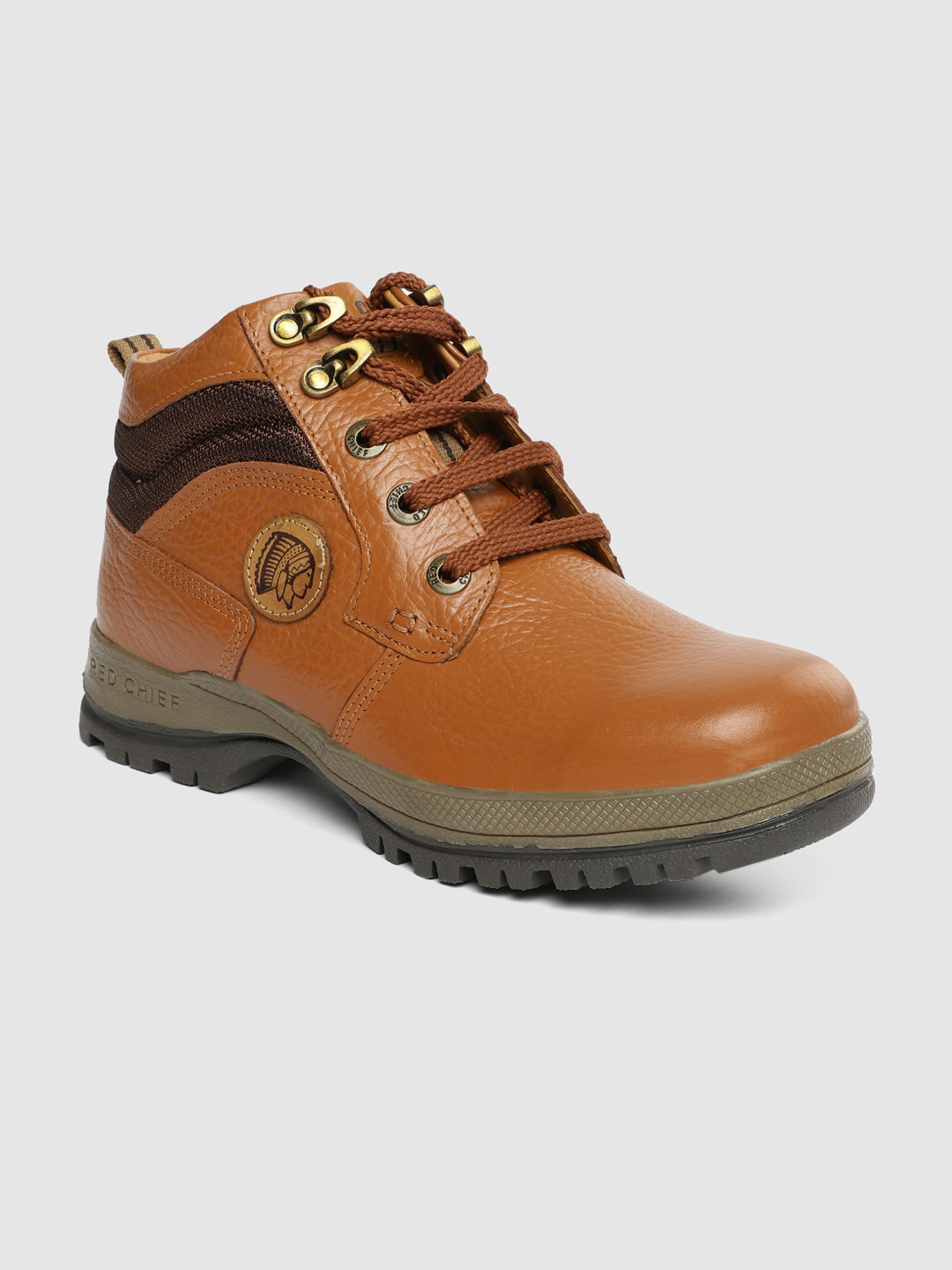 Red Chief Men Tan Brown Textured Leather Mid-Top Sneakers