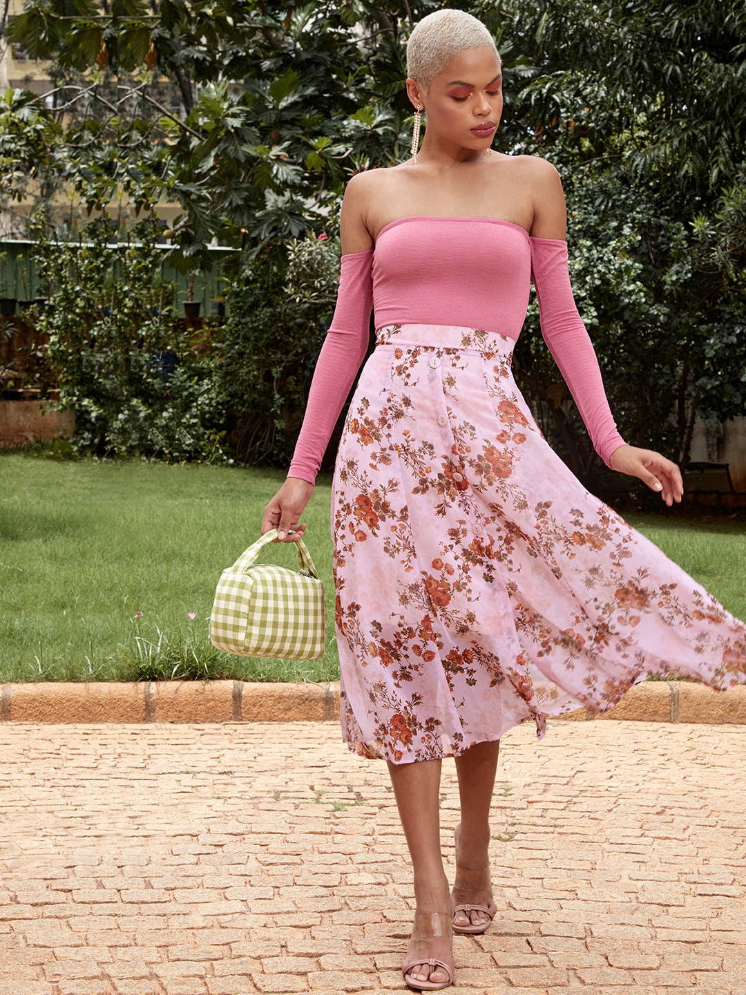Buy SASSAFRAS Pink Rust Red Printed A Line Panelled Skirt