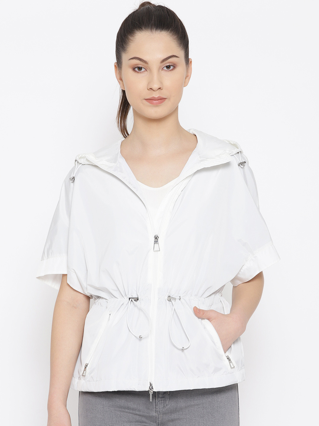 Geox Women White Solid Lightweight Hooded Tailored Jacket