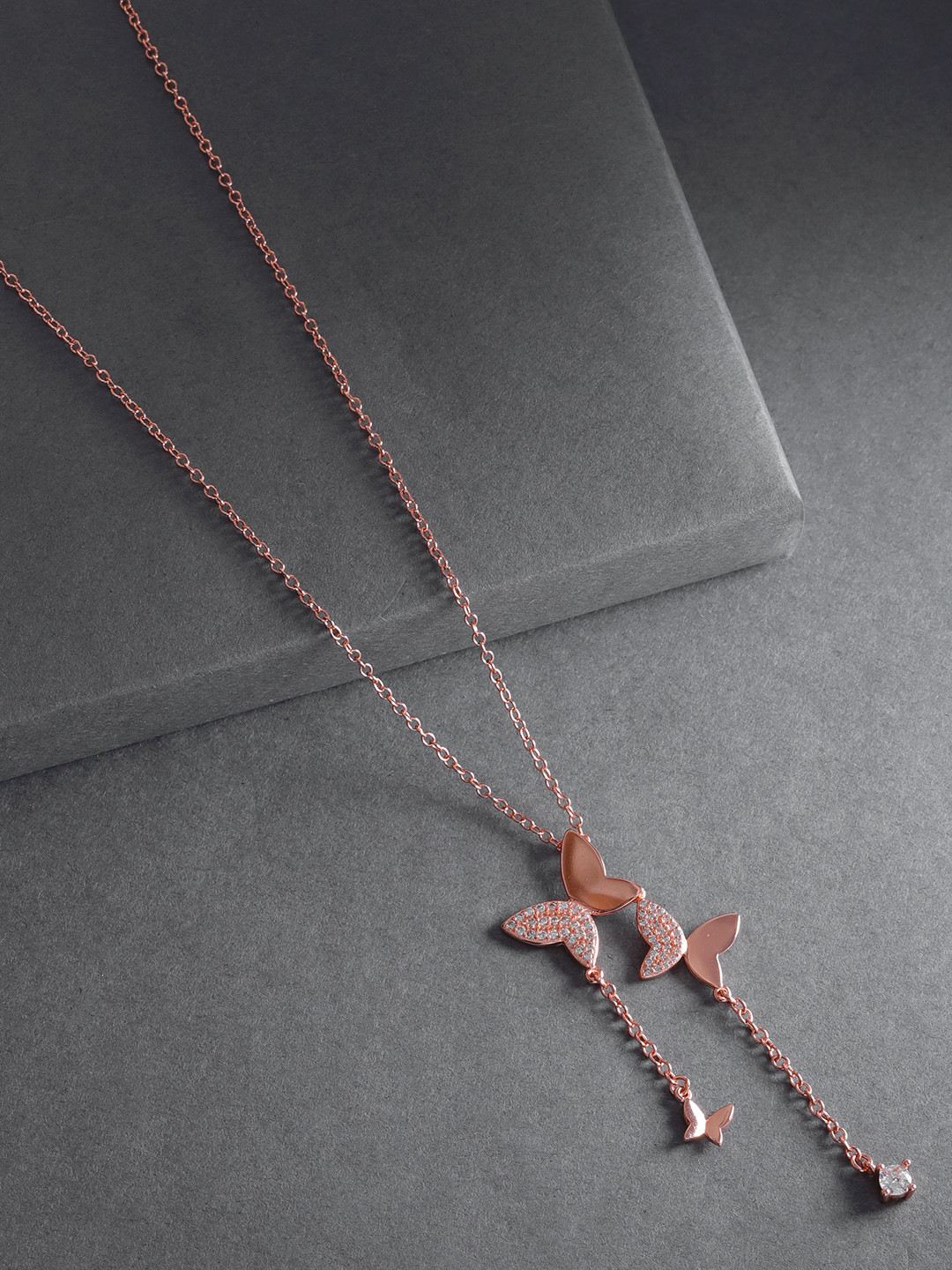 Jewels Galaxy Rose Gold-Plated Stone-Studded Butterfly-Shaped Handcrafted Necklace
