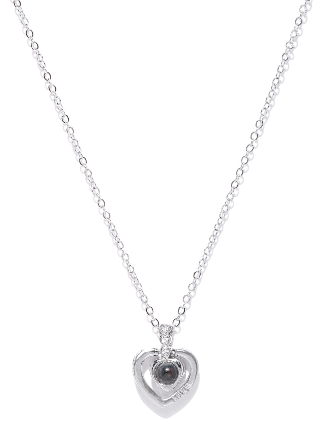 Jewels Galaxy Grey Silver-Plated Stone-Studded Heart-Shaped Handcrafted Pendant with Chain
