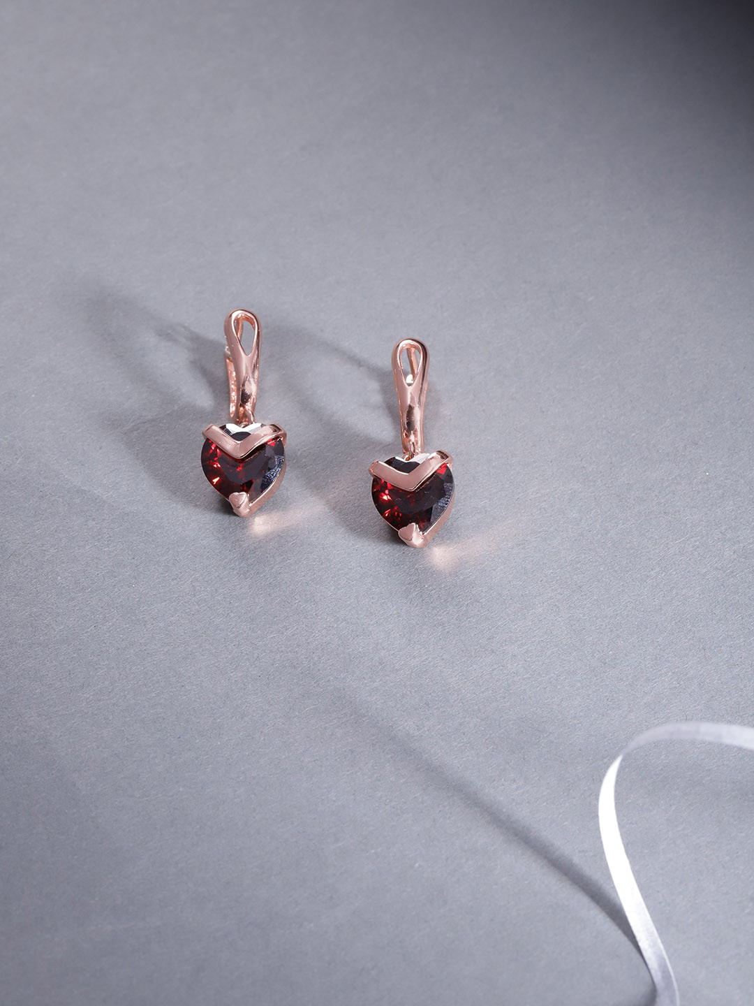 Jewels Galaxy Burgundy Rose Gold Plated Stone Studded Heart Shaped Drop Earrings