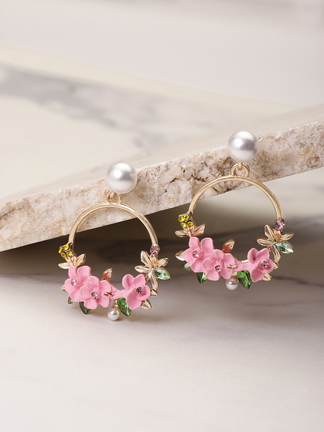YouBella Pink & Off-White Gold-Plated Stone-Studded Floral Drop Earrings