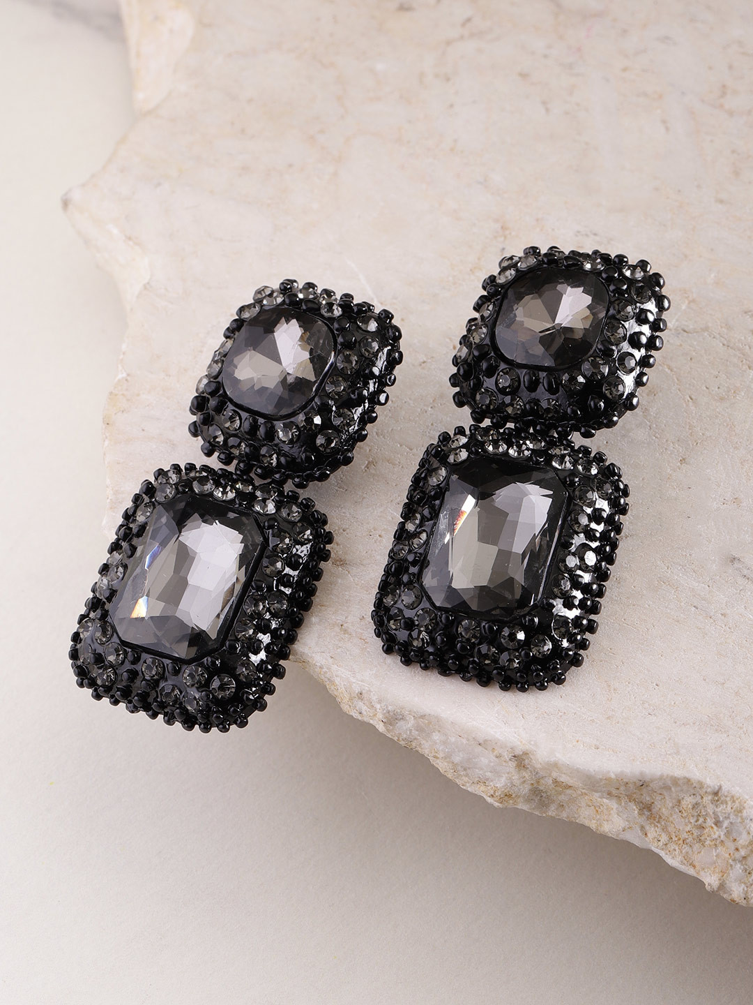 YouBella Black Stone-Studded Geometric Drop Earrings