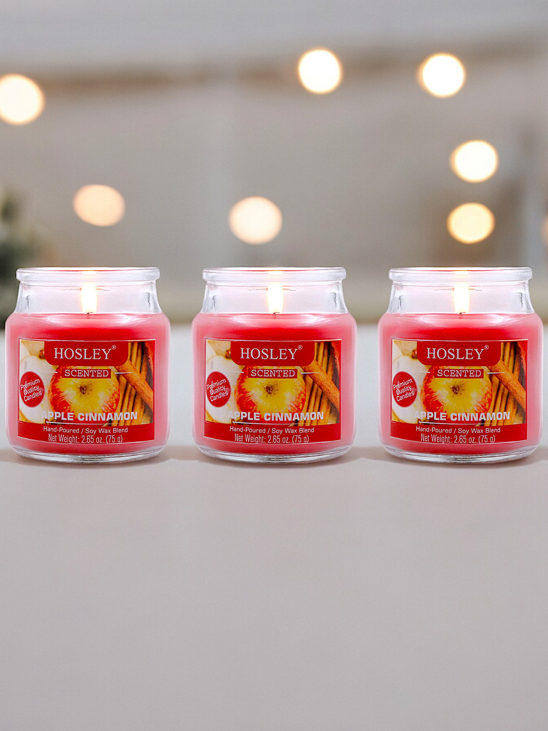 HOSLEY Highly Fragranced 3Pcs 1 Wick Apple Cinnamon Solid Geometric Regular Jar Candles