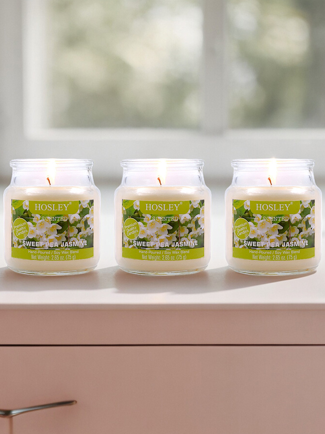 HOSLEY Highly Fragranced 3Pcs 1 Wick Sweet Pea Jasmine Solid Geometric Regular Jar Candles