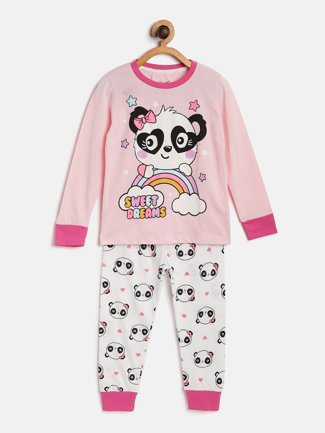 Lazy Shark Girls Pink & White Printed Night suit