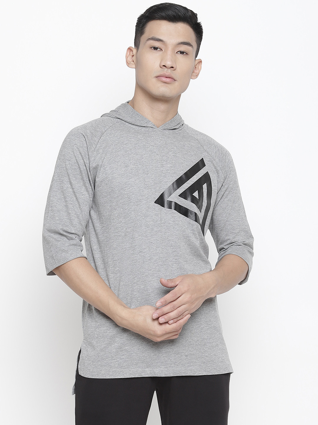 Aesthetic Bodies Men Grey Melange & Black Printed Hooded T-shirt