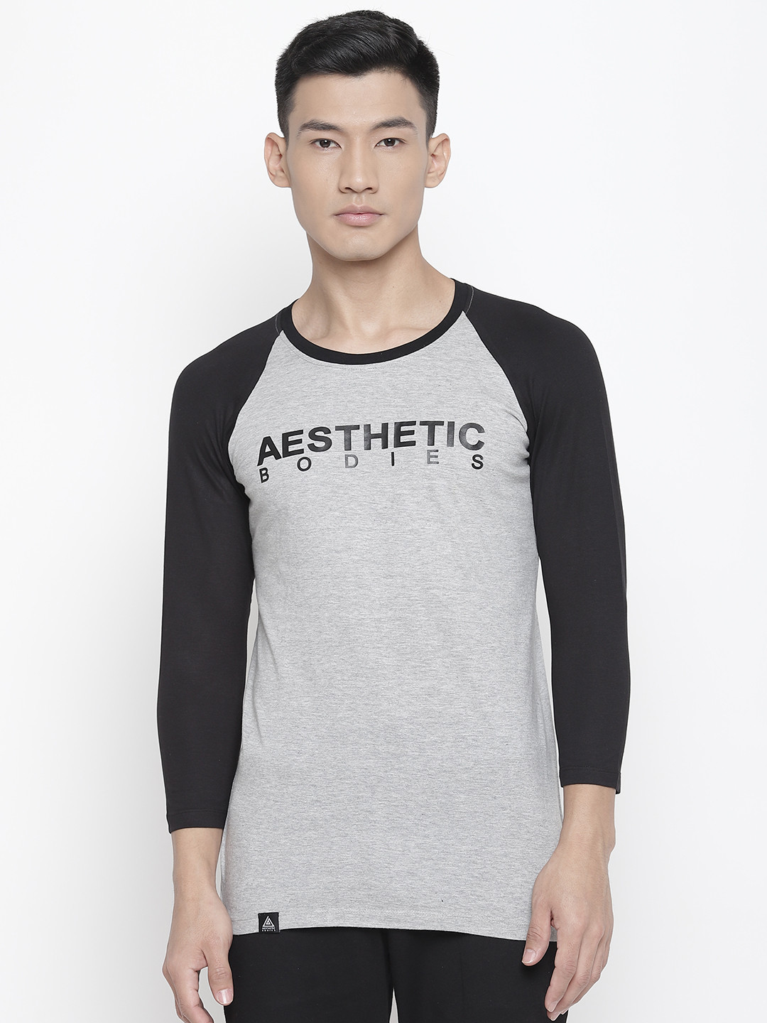 Aesthetic Bodies Men Grey Melange & Black Printed Hooded T-shirt