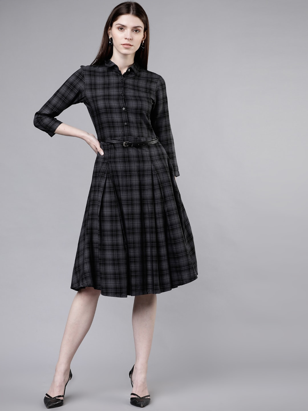 Tokyo Talkies Women Checked Grey Shirt Dress