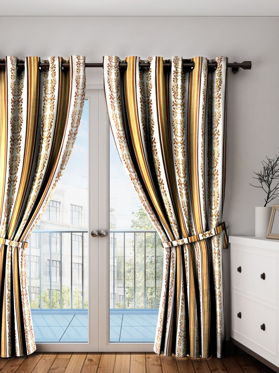 HOUZZCODE Off-White & Brown Single Room Darkening Curtain