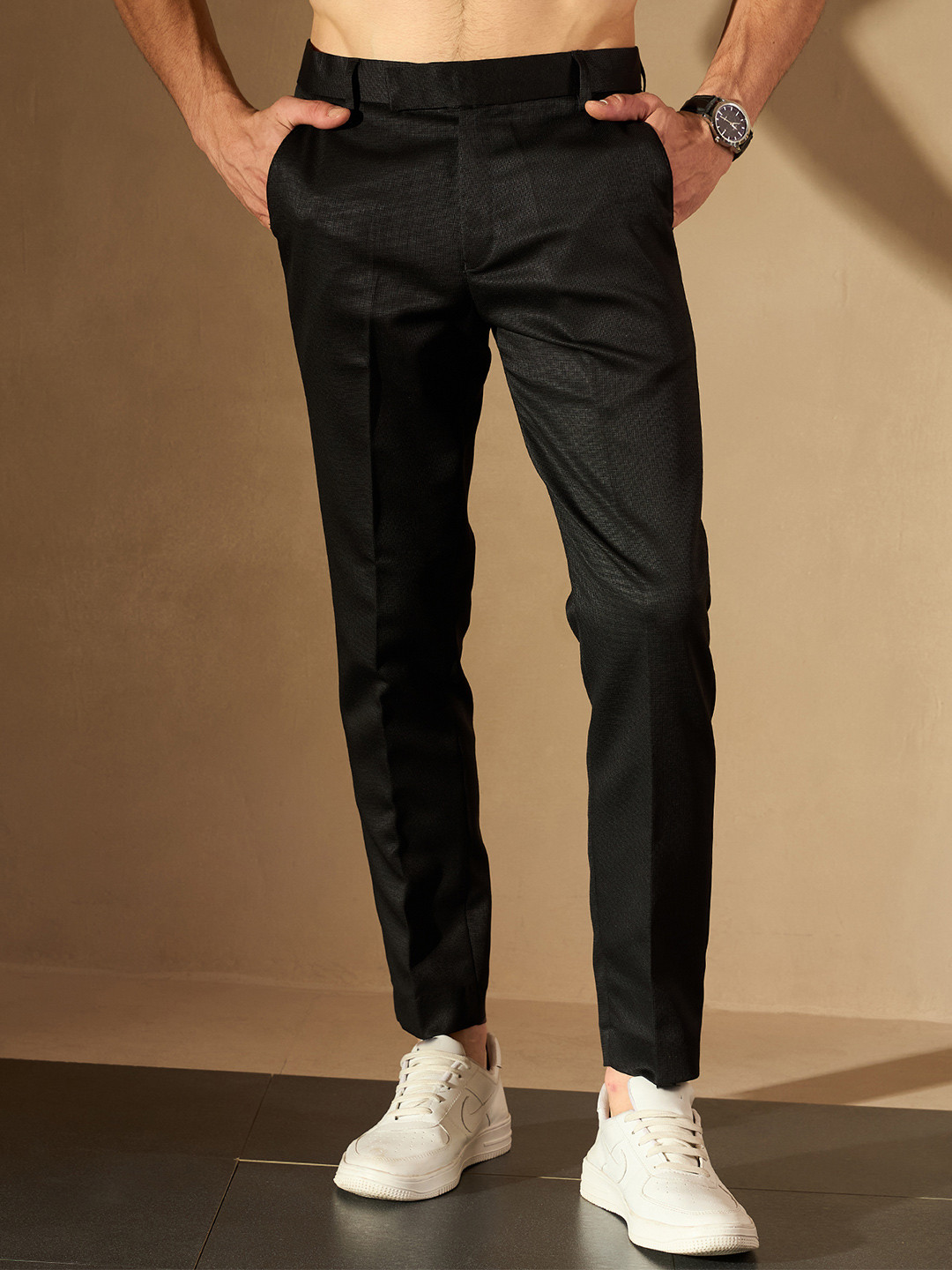 DENNISON Men Black Smart Tapered Fit Self-Checked Cropped Regular Trousers