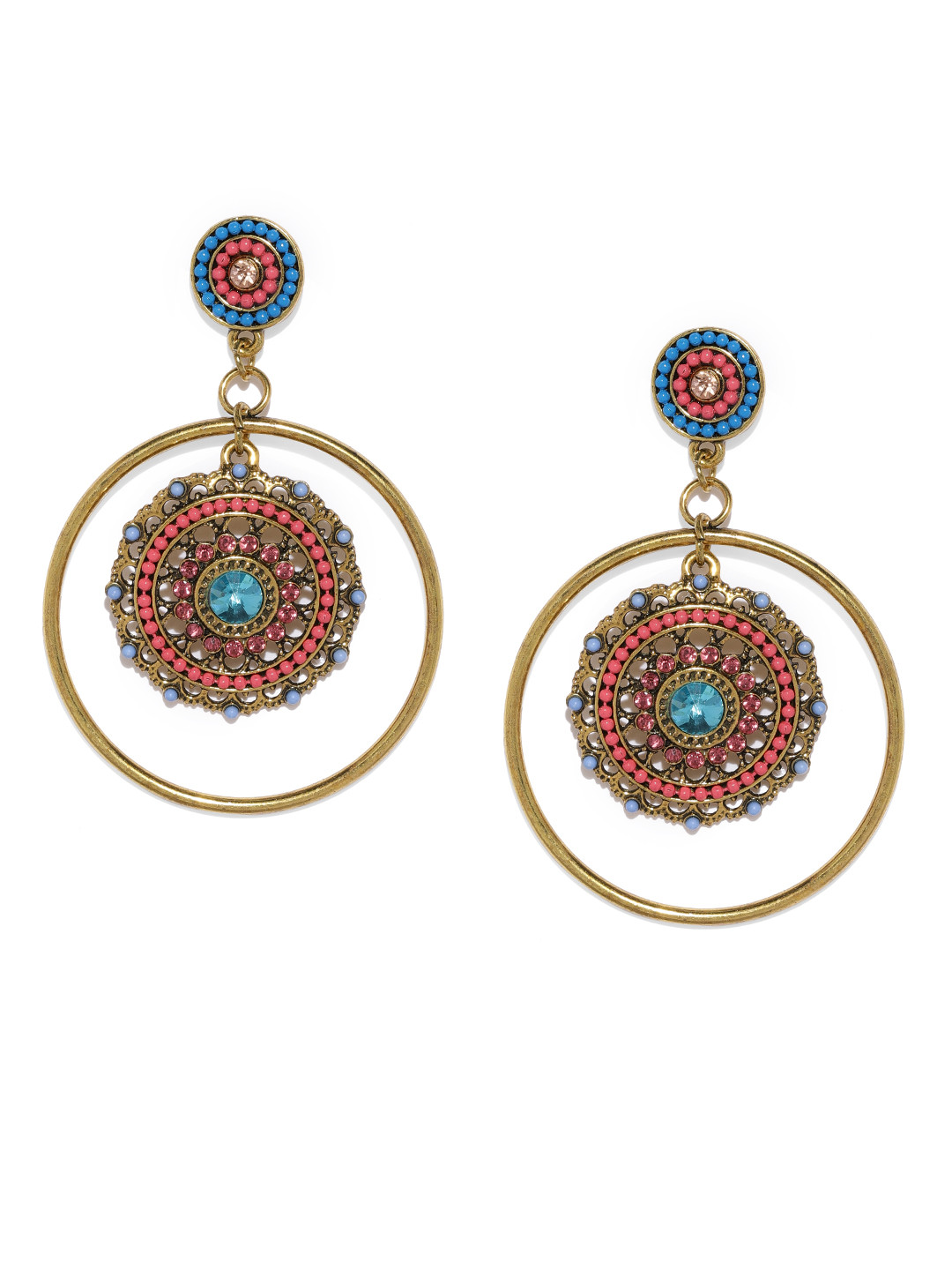 Blisscovered Gold-Toned & Pink Circular Drop Earrings