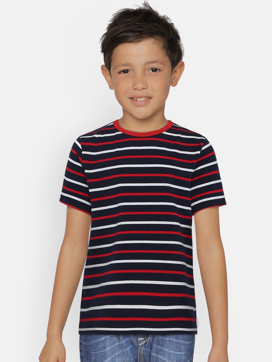 LAdore Boys Navy Blue Striped Round Neck T-shirt