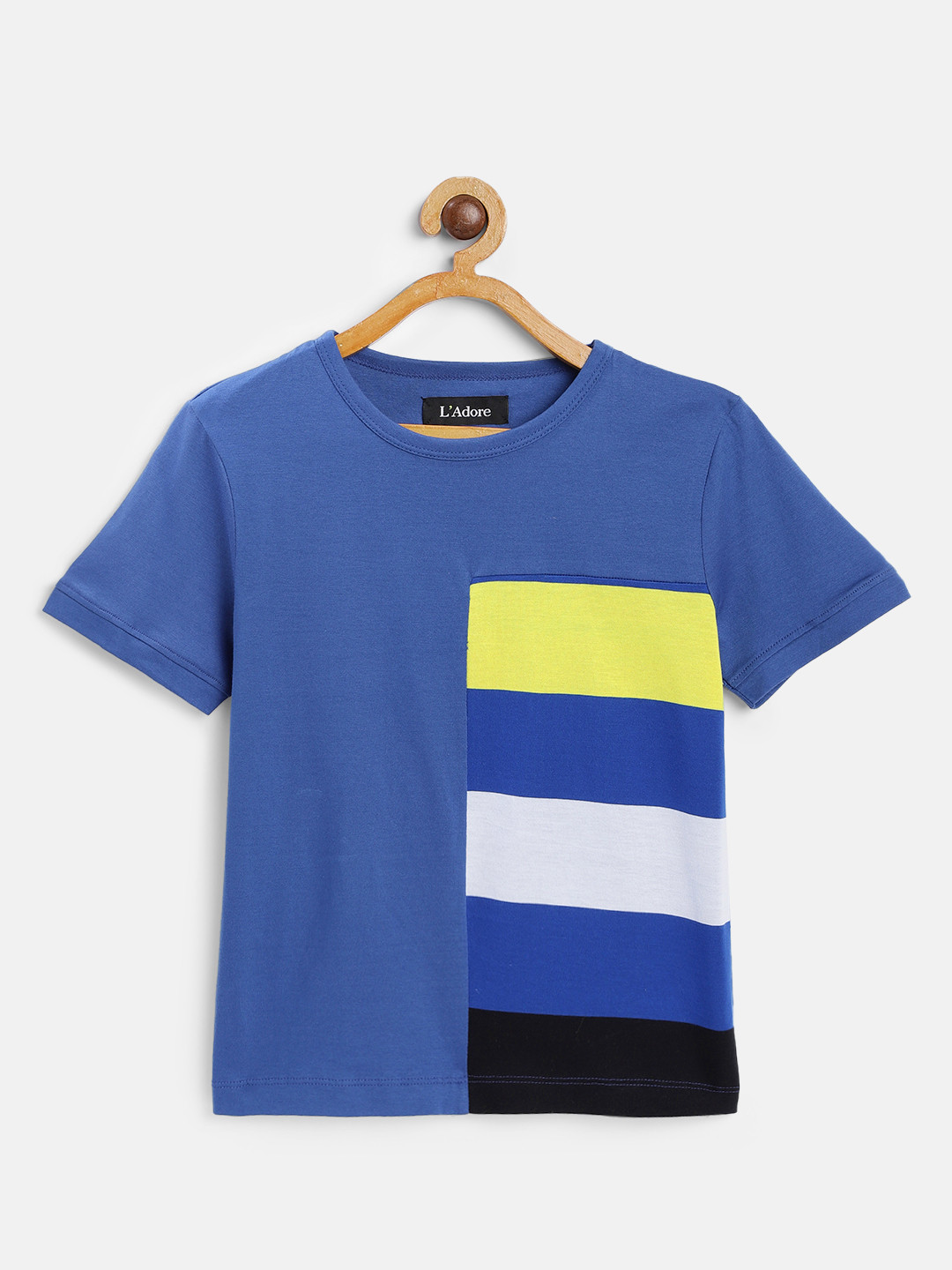 LAdore Boys Blue  Yellow Colourblocked Round Neck Mercerized Pure Cotton T-shirt