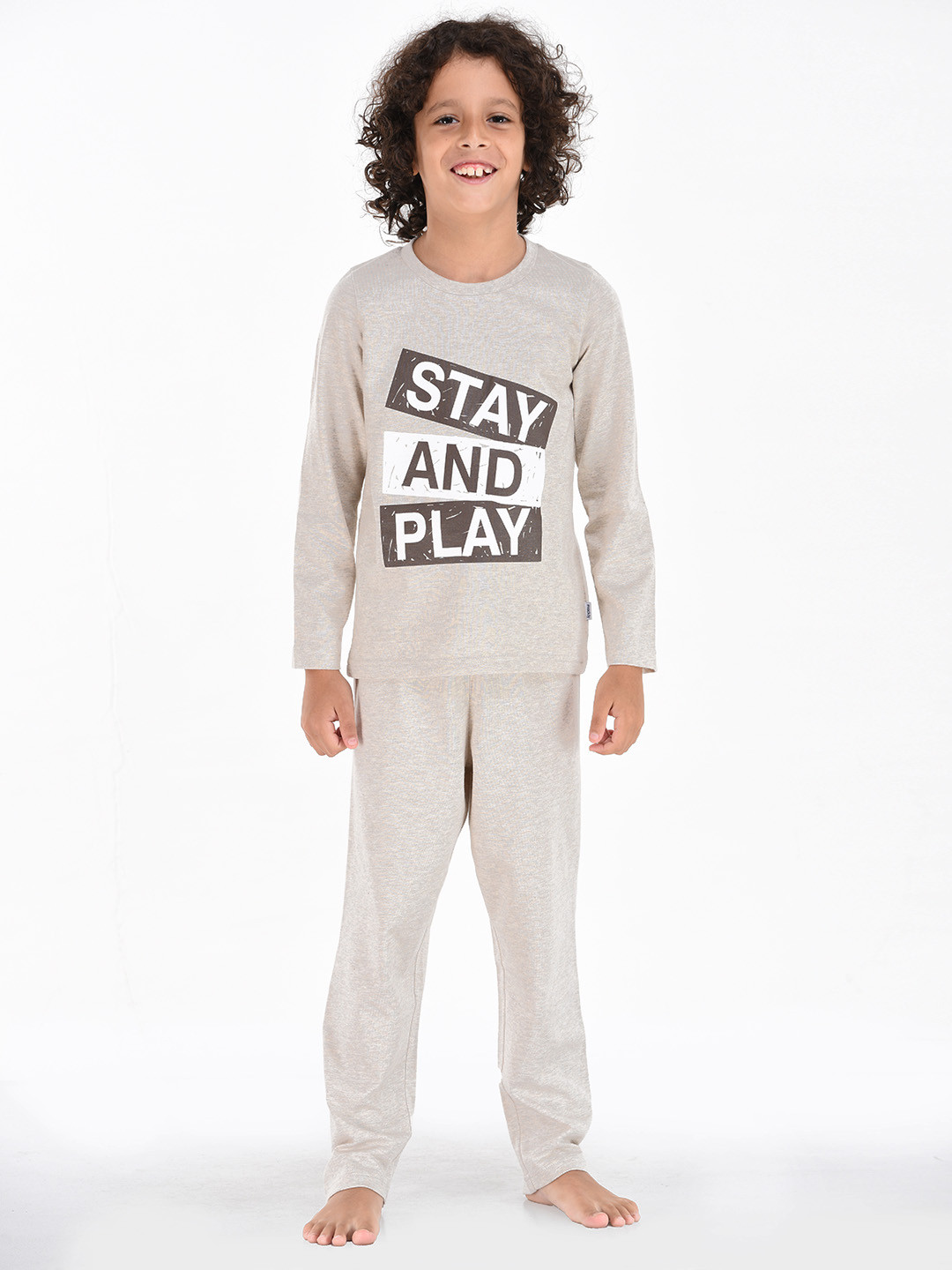 mackly Boys Grey Melange Printed Night suit