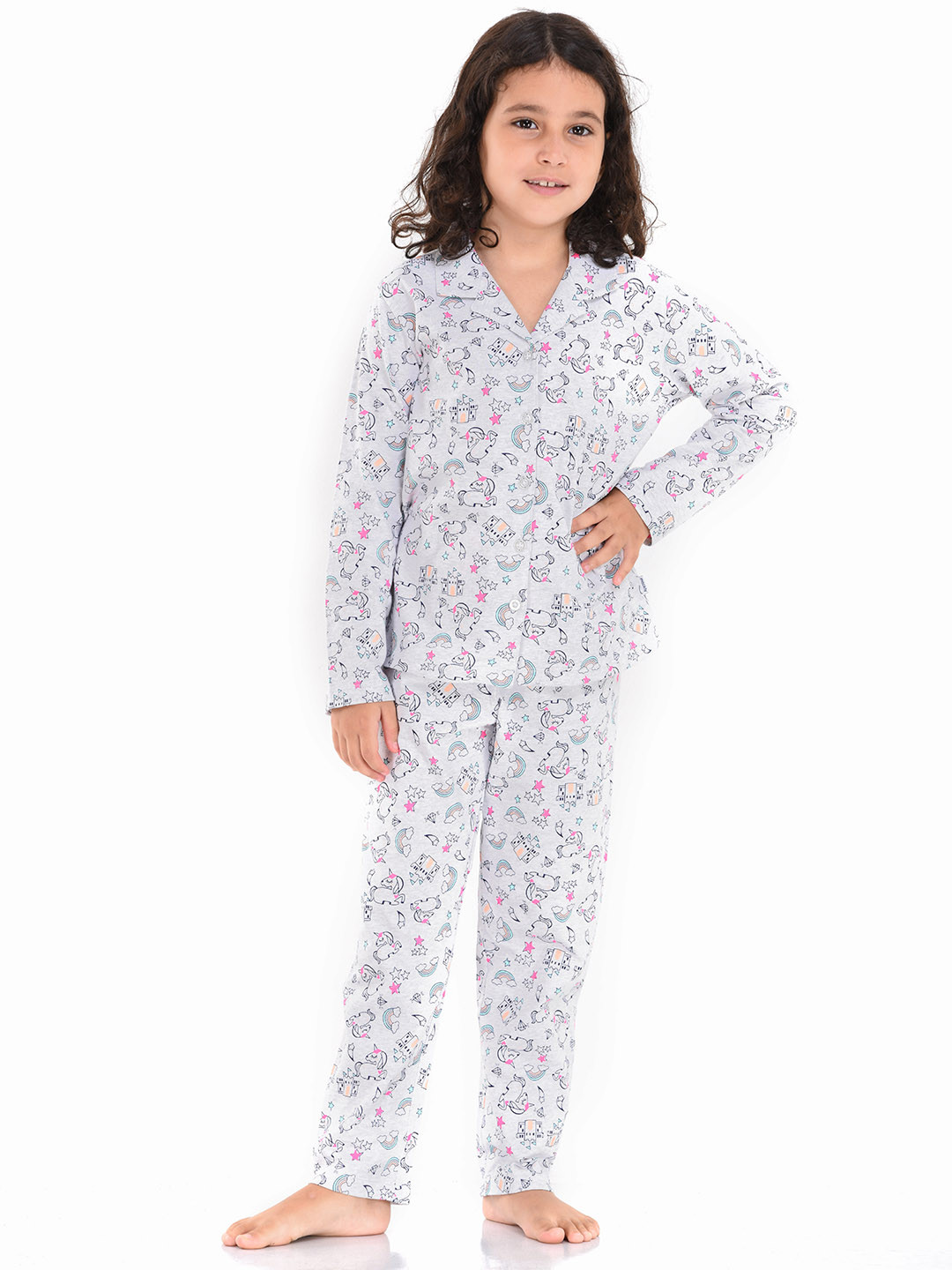 mackly Girls Grey Printed Night suit