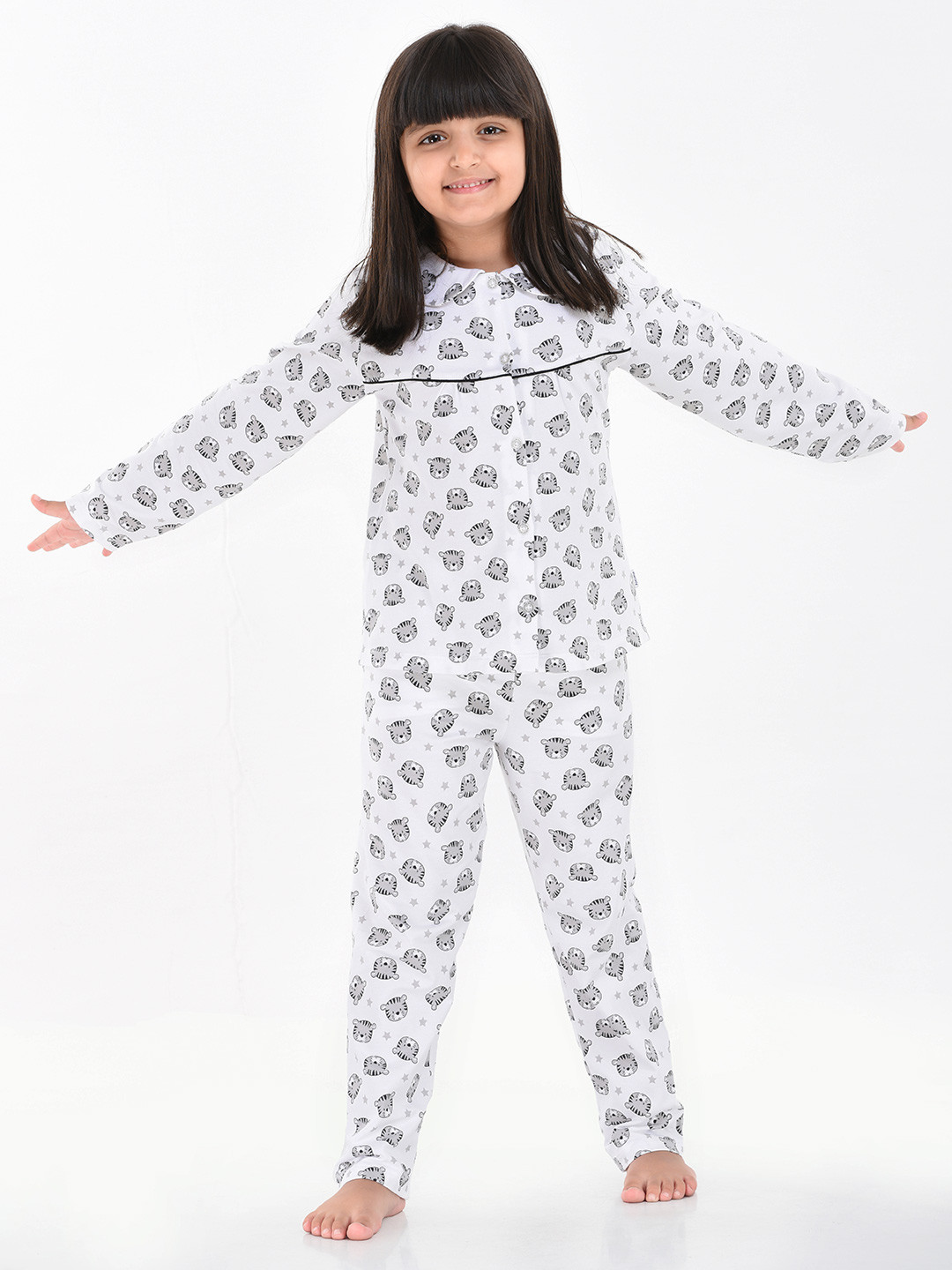 mackly Girls White & Grey Printed Night suit