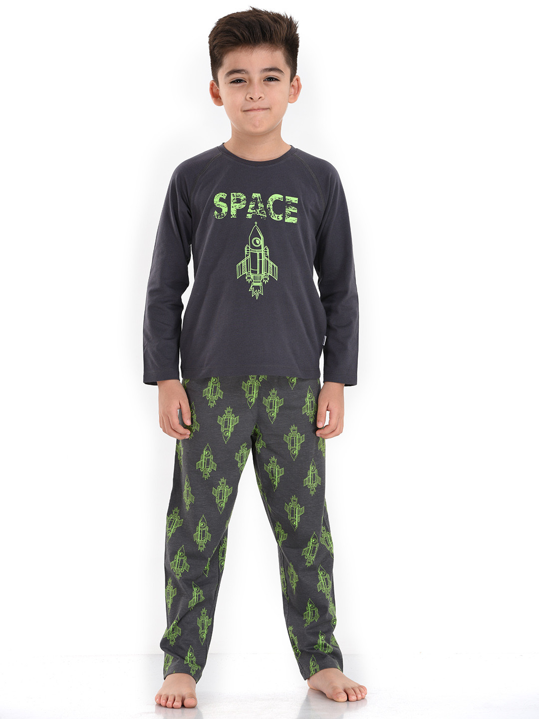 mackly Boys Charcoal Grey & Green Printed Night suit