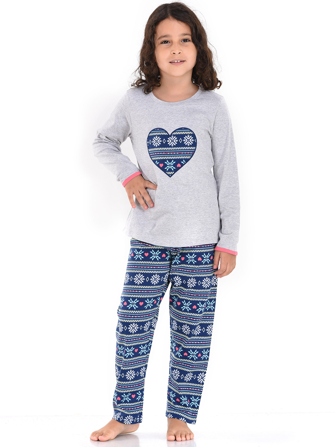 mackly Girls Grey Melange & Navy Blue Printed Night suit IPW-04