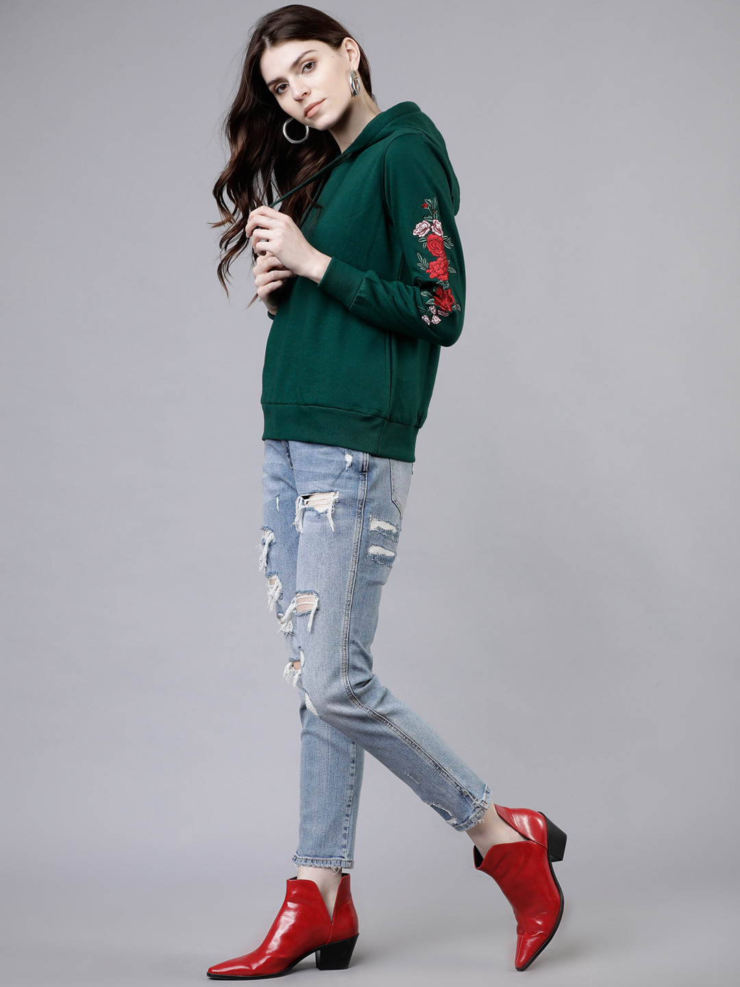 Tokyo Talkies Women Green & Red Solid Hooded Sweatshirt